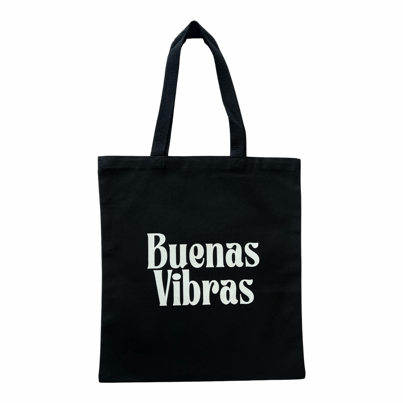 black canvas tote bag with the phrase Buenas Vibras in white lettering