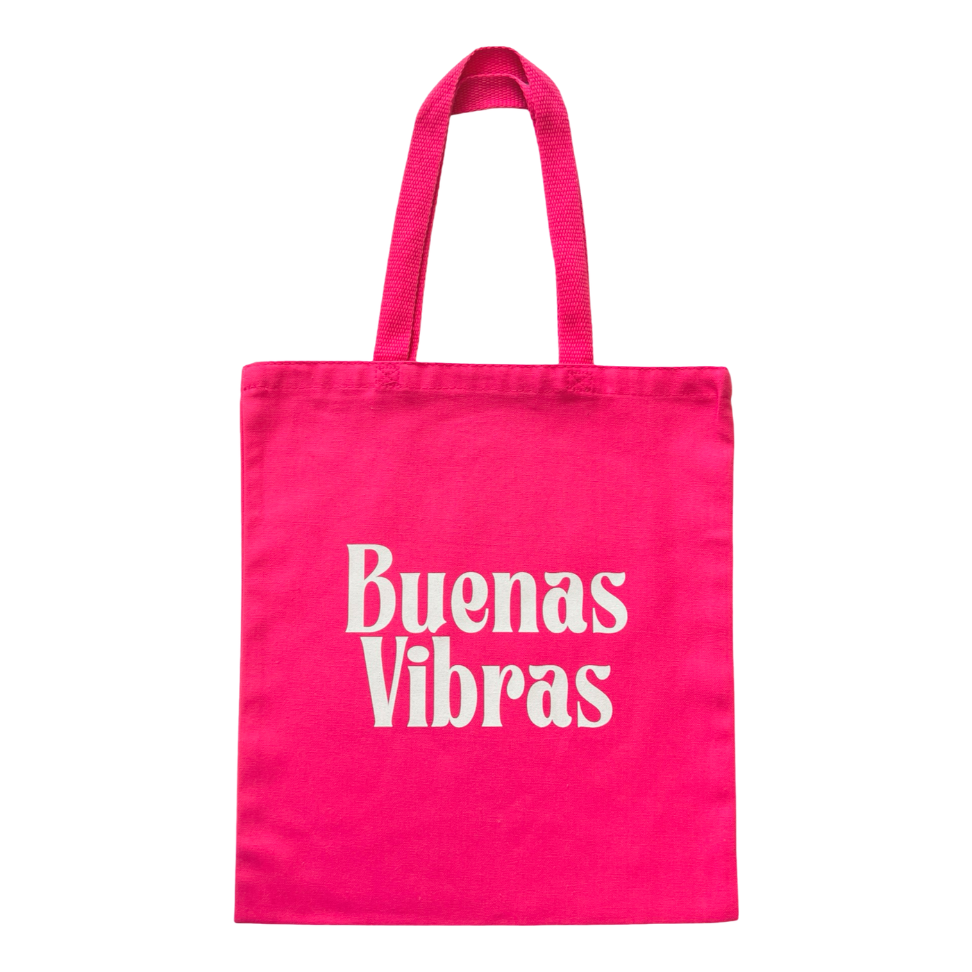 pink canvas tote bag with the phrase Buenas Vibras in white lettering