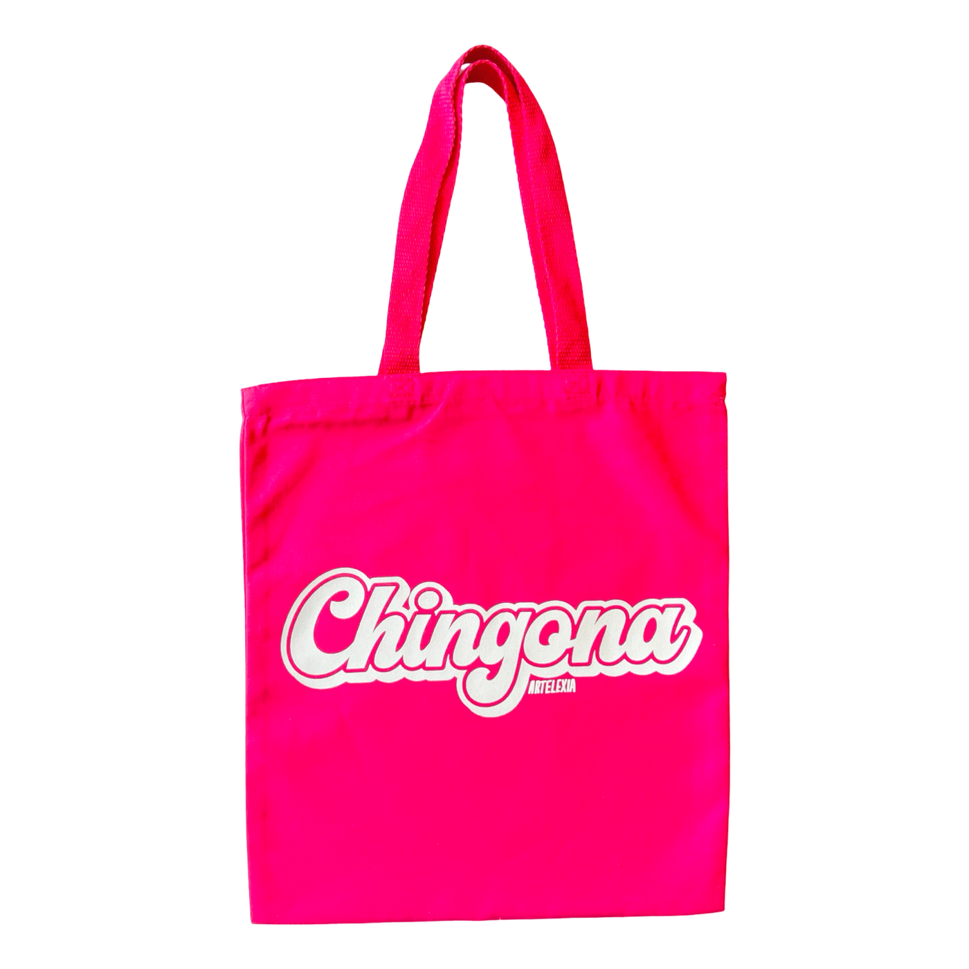 pink canvas tote bag with the phrase Chingona in white lettering