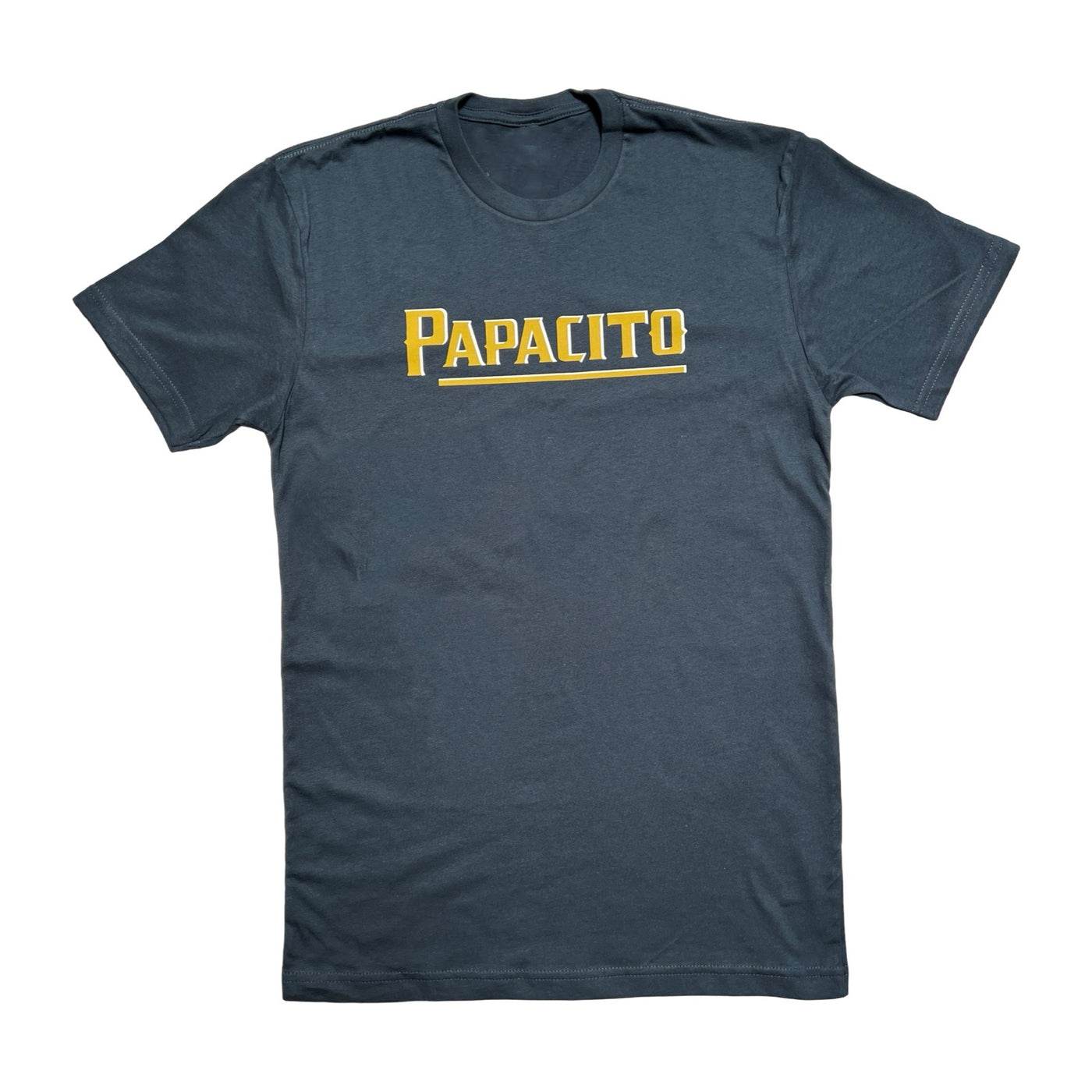 Indigo shirt with the word Papacito in yellow and white lettering