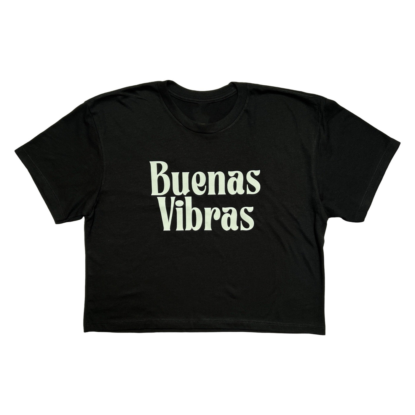 black crop top with the phrase Buenas Vibras in white lettering