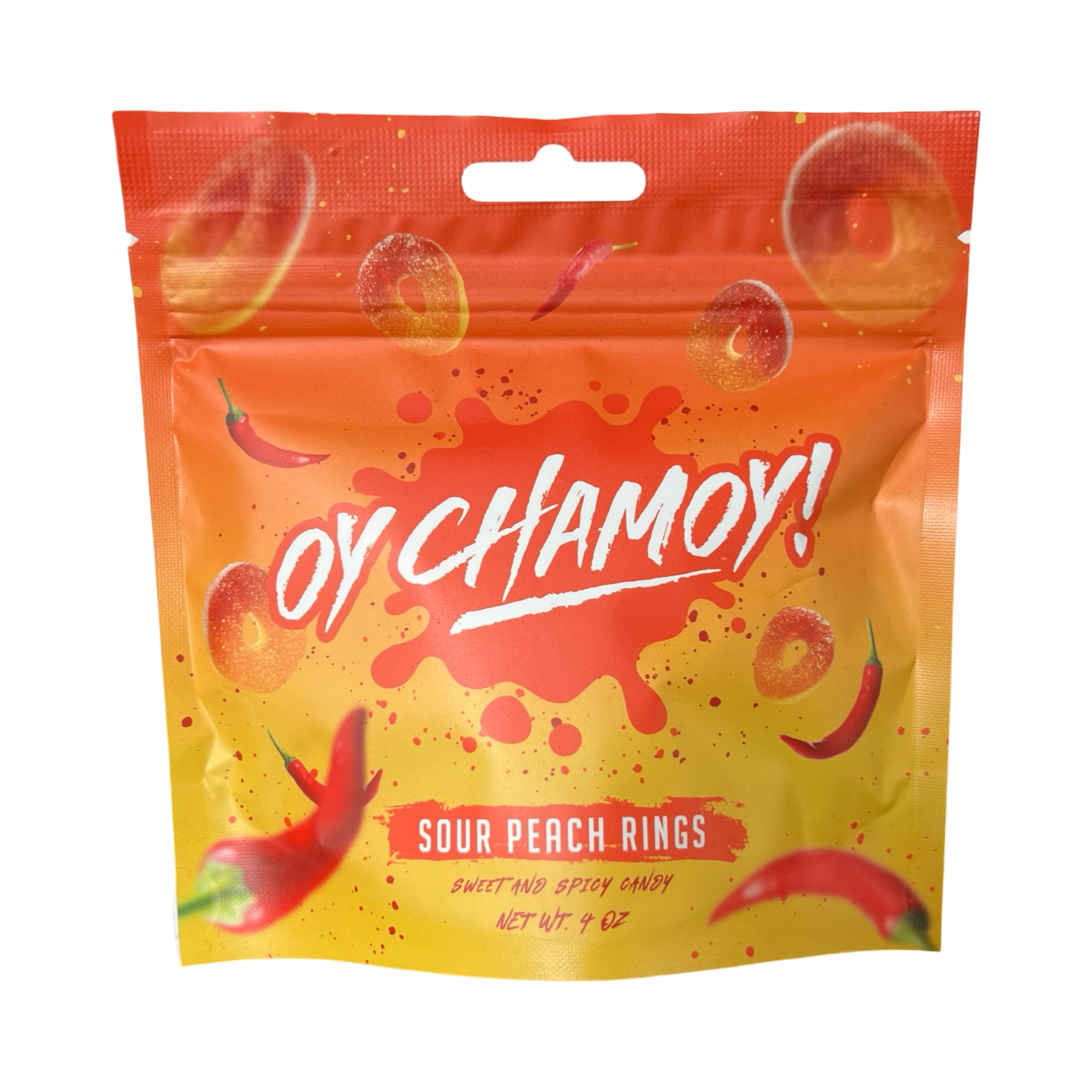 4 oz bag of Oy Chamoy Sour Peach Bites features a gradient design transitioning from orange and yellow, with splashes of color and images of sugar-coated orange rings  and red chili peppers. 