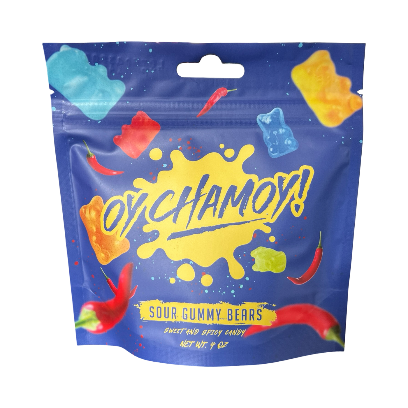 4 oz blue bag of Oy Chamoy Sour Gummy Bear with splashes of color and images of sugar-coated gummy bears and red chili peppers. 