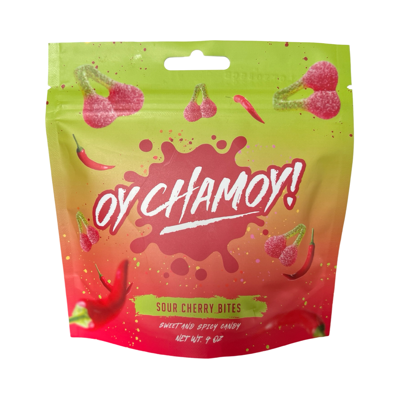 4 oz bag of Oy Chamoy Sour Cherry Bites features a gradient design transitioning from green to red, with splashes of color and images of sugar-coated cherry gummies and red chili peppers. 