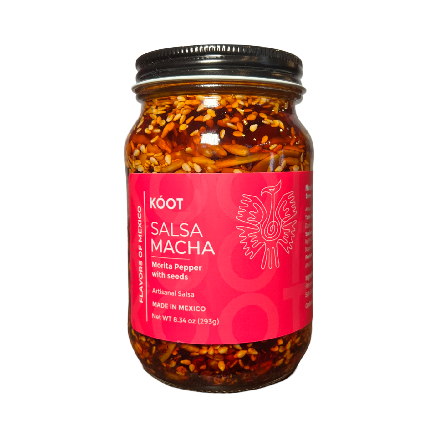 8.34 oz clear jar of salsa macha with a pink branded label and white lettering 