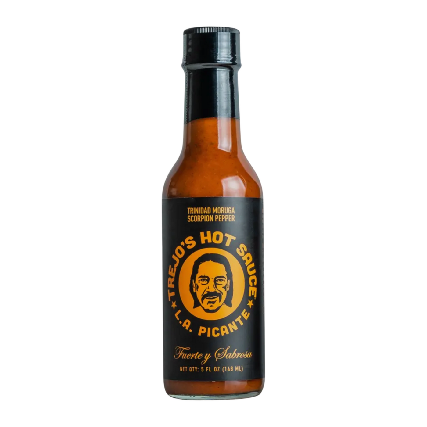 5 oz clear bottle of Trejo's hot sauce with a black and orange branded label that features an illustration of Danny Trejos.