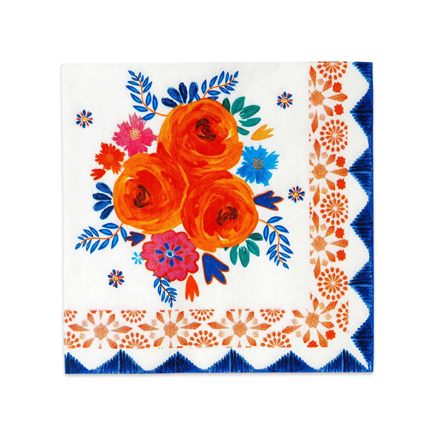 square napkin with a mutli-color floral design with a blue and orange border.