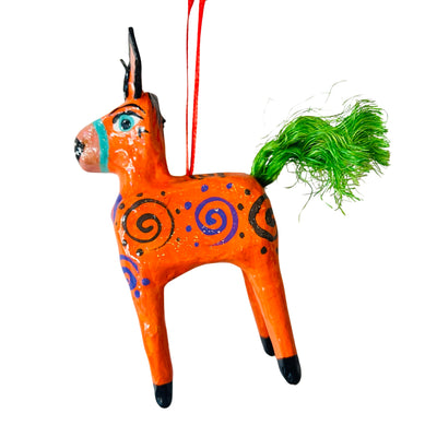 Orange Paper mache donkey ornament with multi-colored design.