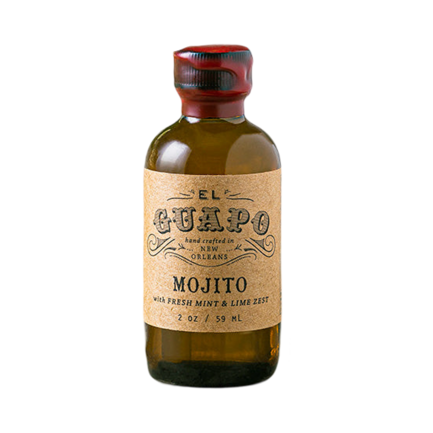 2 oz brown glass bottle of mojito drink mixer with kraft branded label and red wax lid.