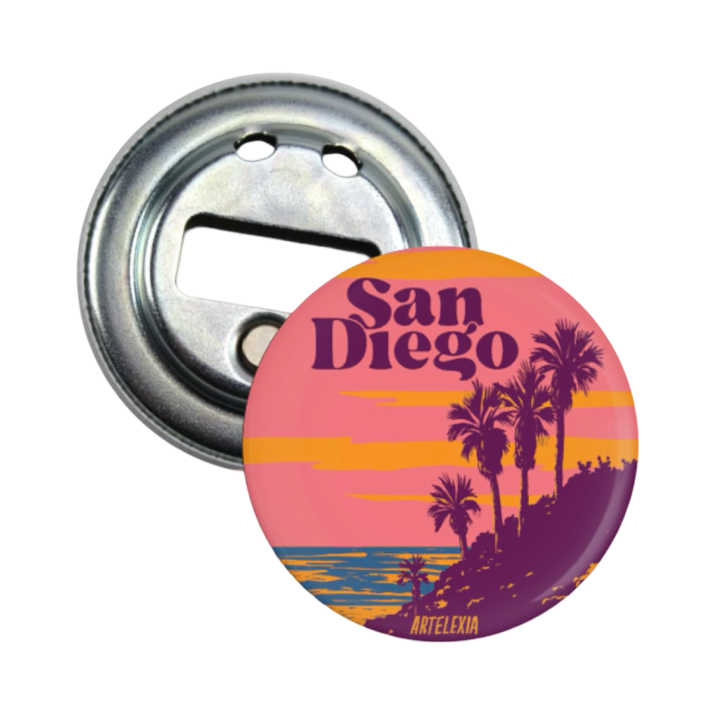 A set of round magnetic bottle openers with an image of the San Diego coastline with palm trees all in the color of pink, light orange, purple and blue.