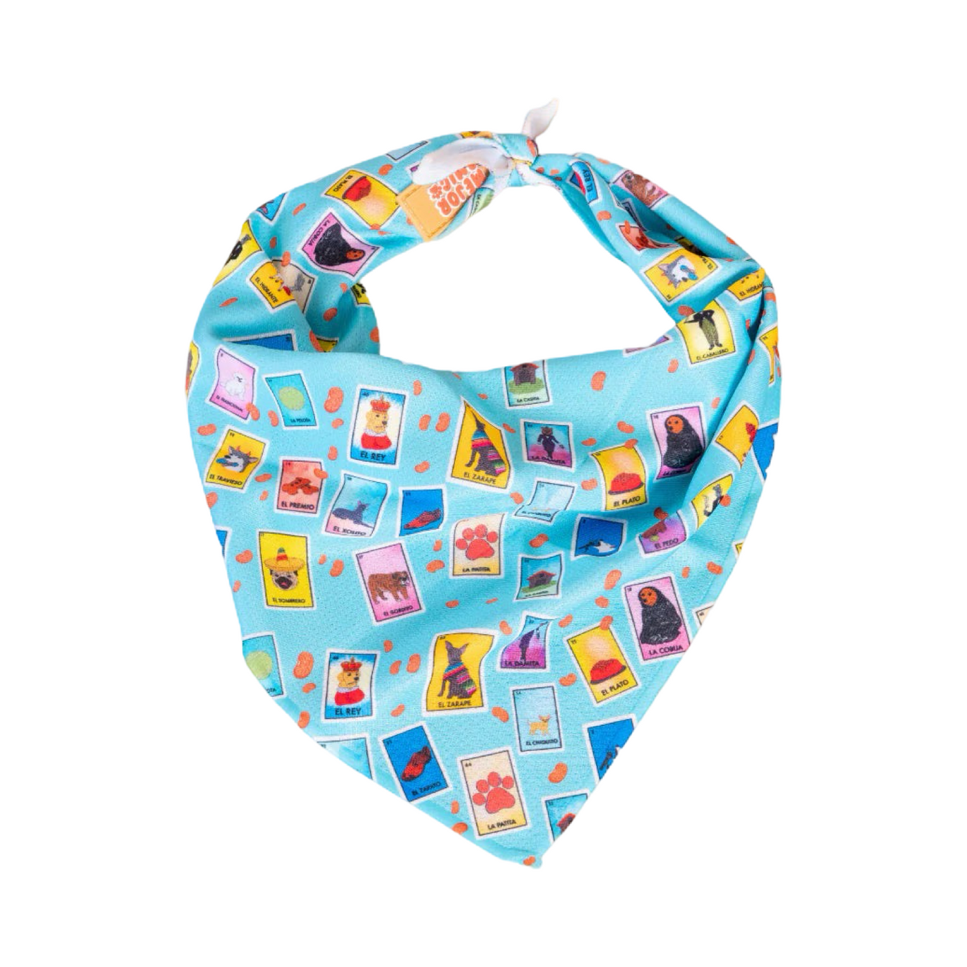 teal dog bandana featuring a Mexican loteria theme with dog related cards.