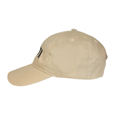 side view of a khaki hat with the phrase La Jefa in black lettering