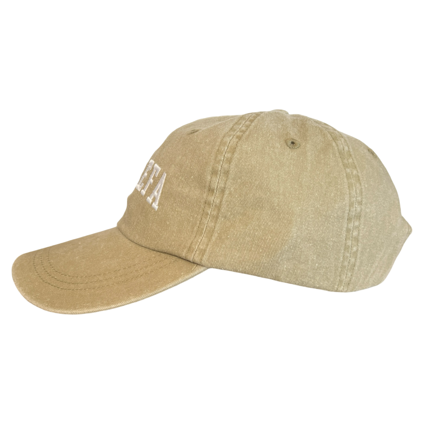 side view of a khaki hat with the phrase La Jefa in white lettering