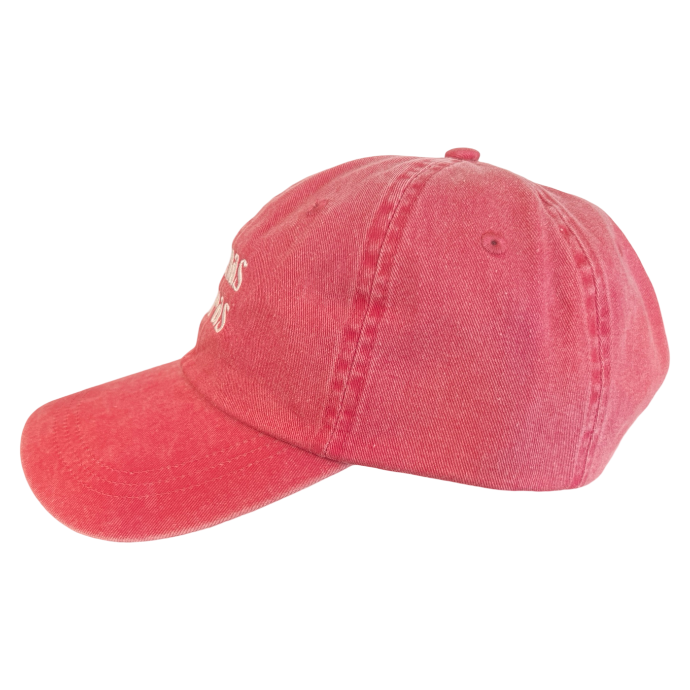 side view of a heathered red hat with the phrase Buenas Vibras in white lettering