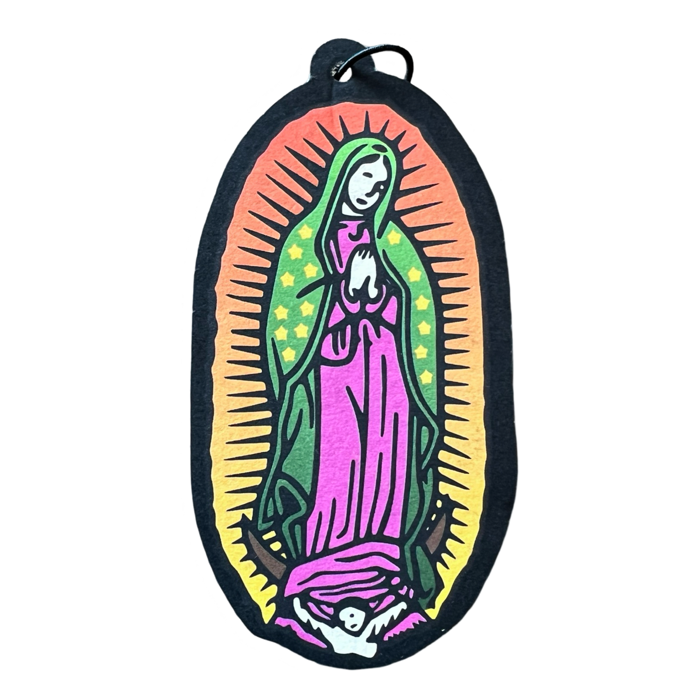 Colorful Virgen de Guadalupe air freshener with a black outline