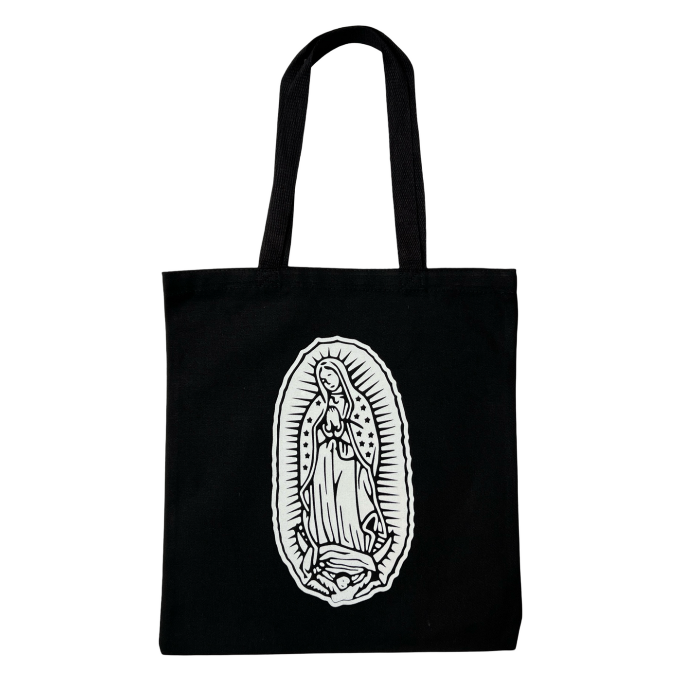 black canvas bag with the image of La Virgen in white.