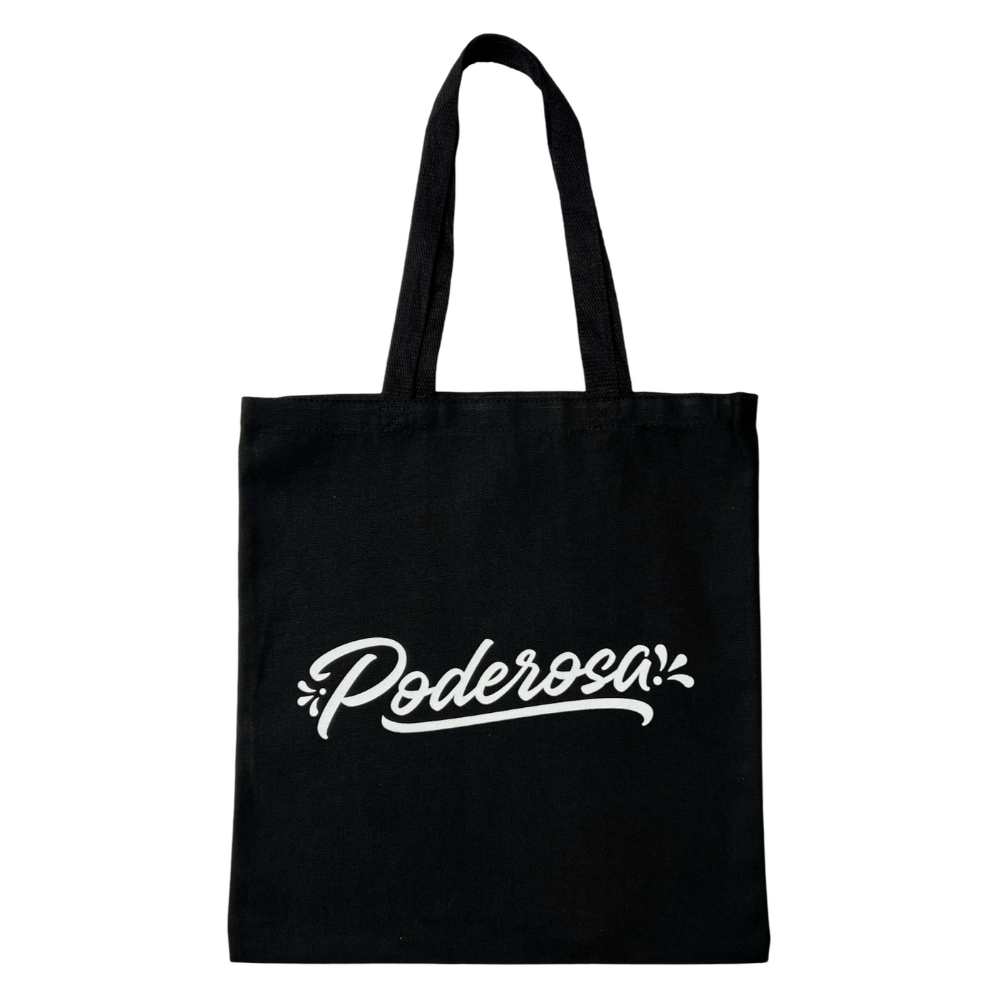 black canvas tote bag with the word Poderosa in white lettering