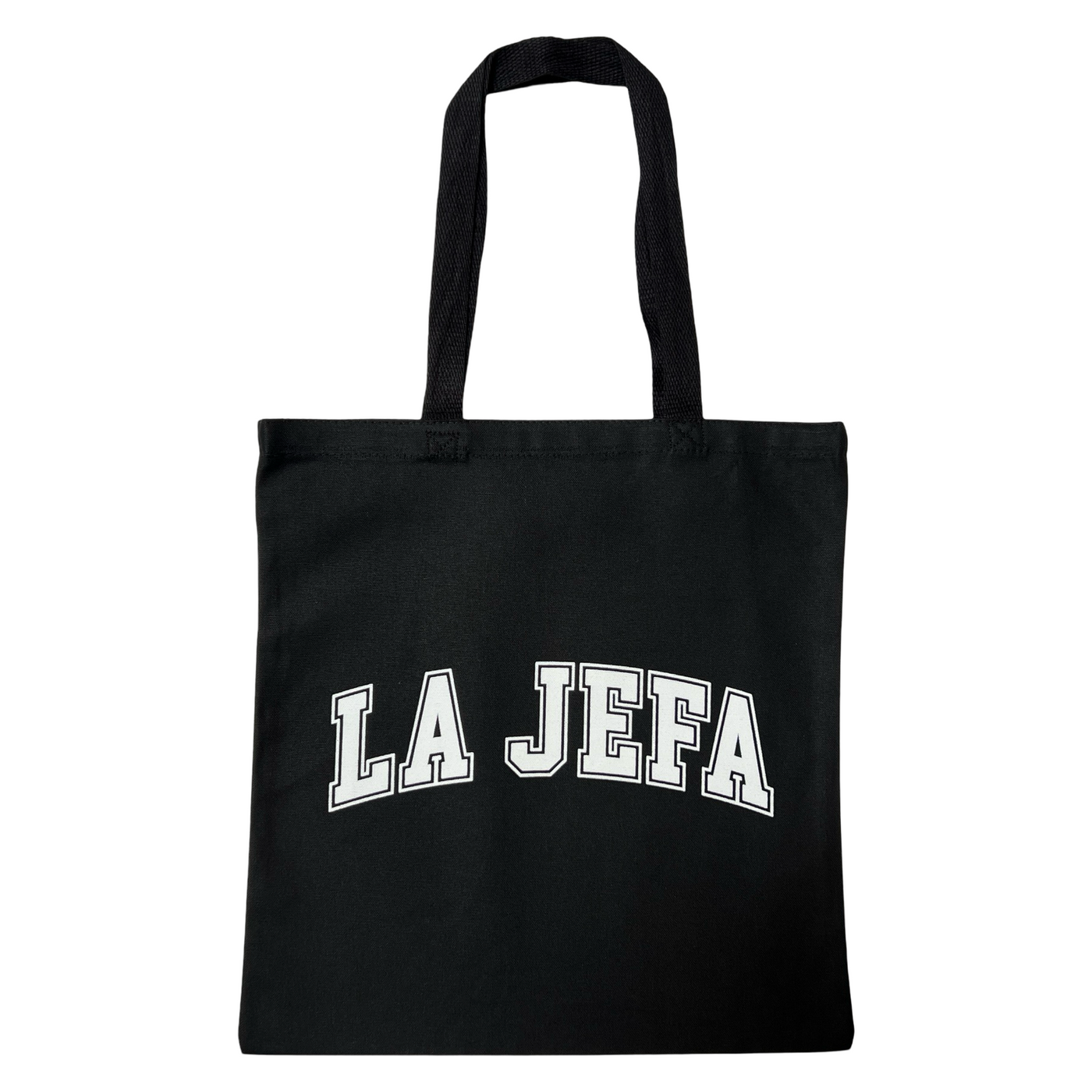 black canvas tote bag with the phrase La Jefa in white lettering