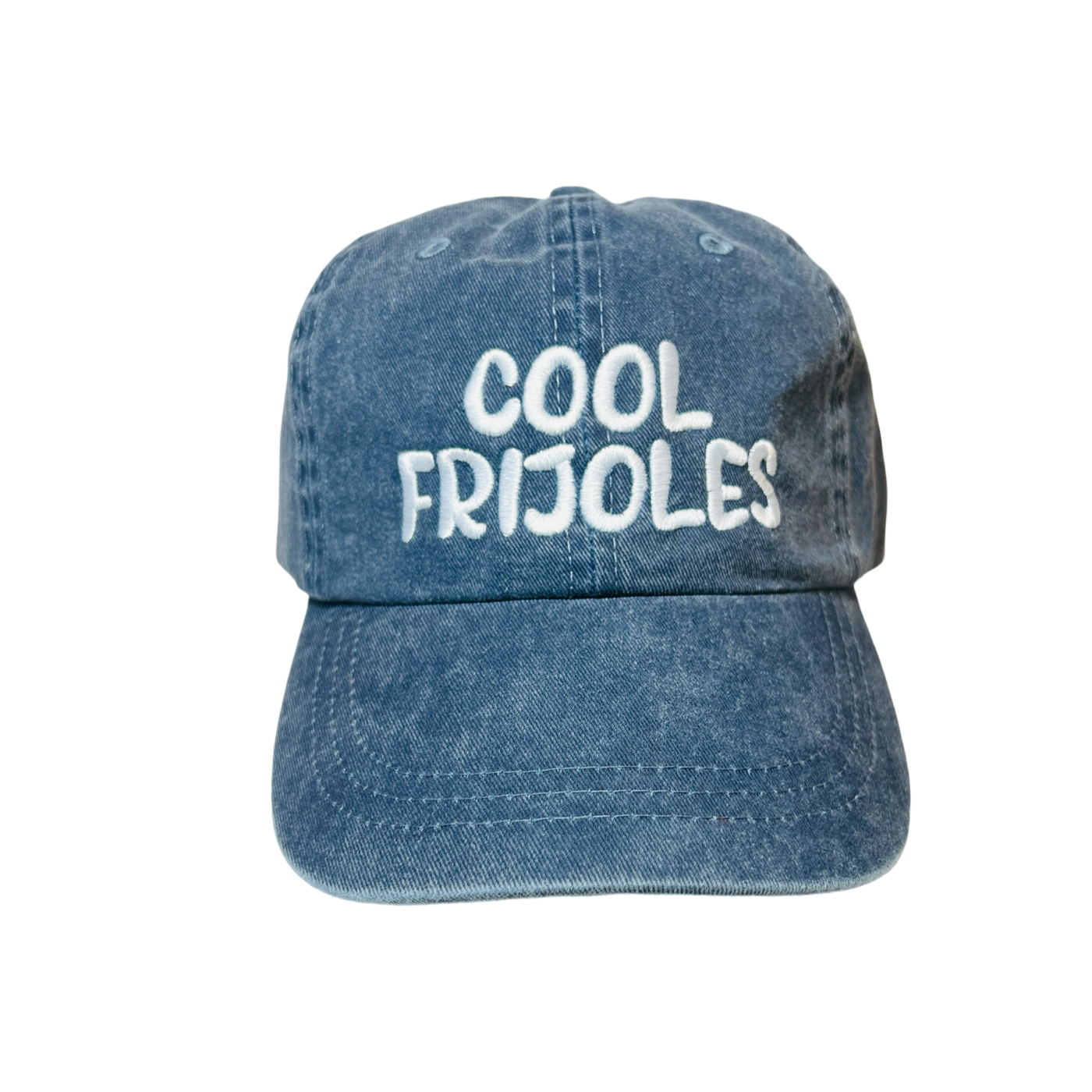 front view of a blue hat with the phrase Cool Frijoles in white lettering