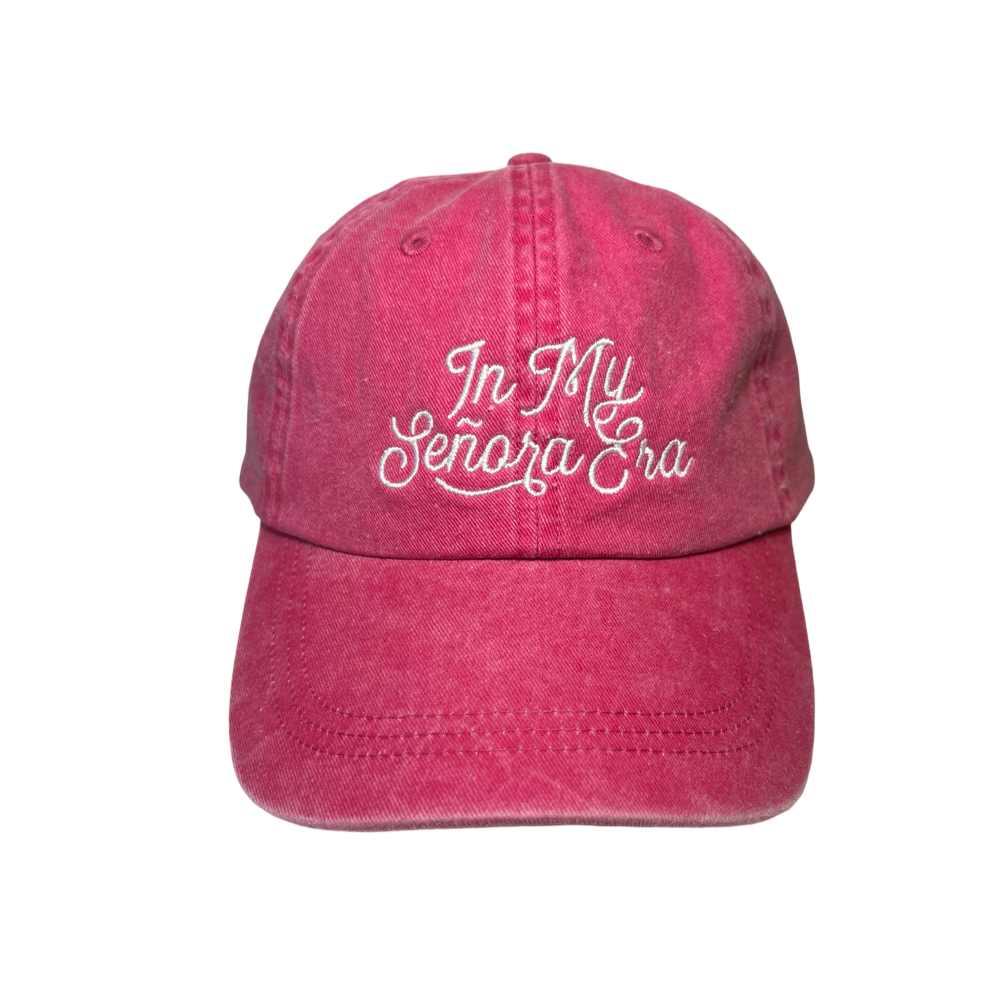 front view of a red hat with the phrase In My Señora Era in white lettering