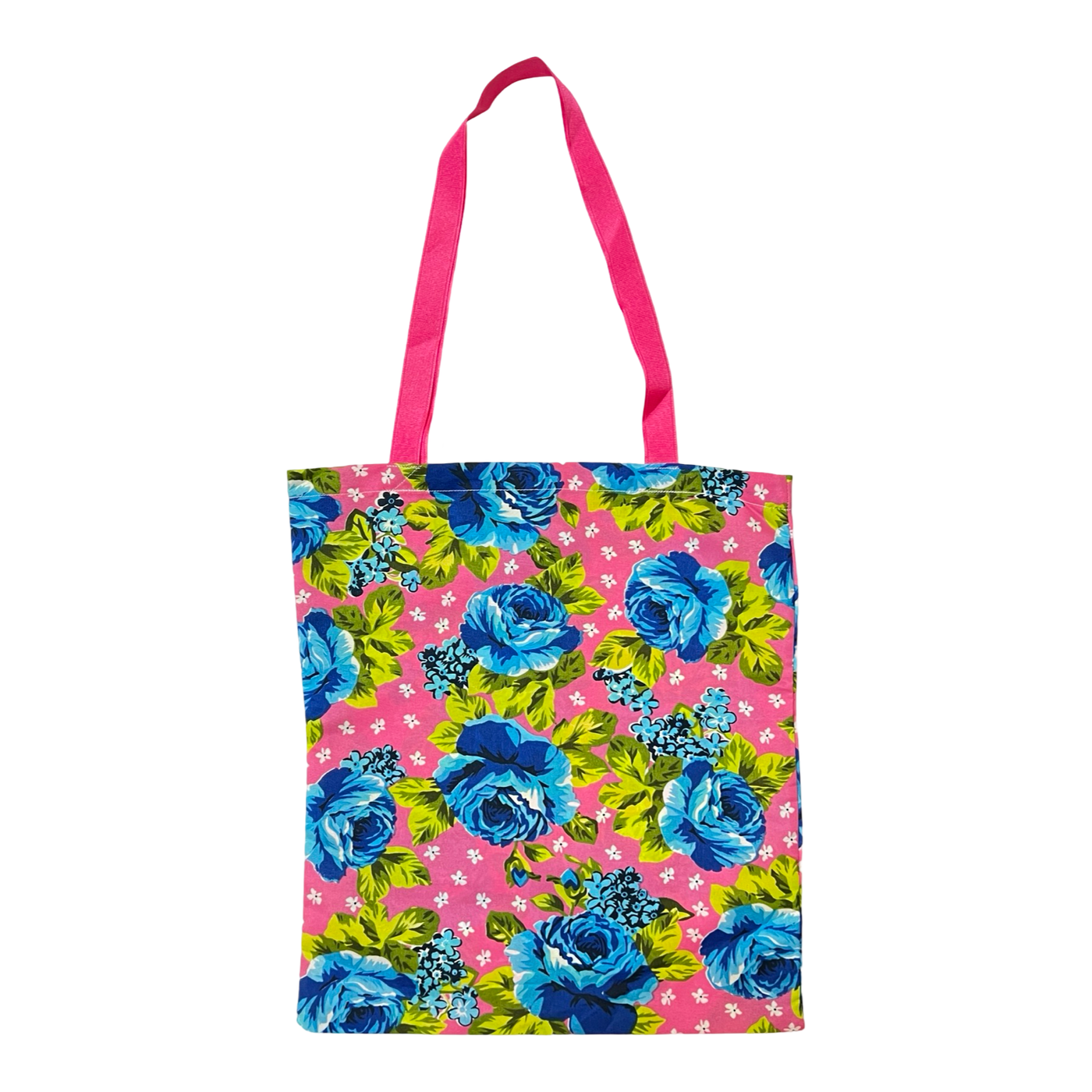 Pink tote bag that features blue roses