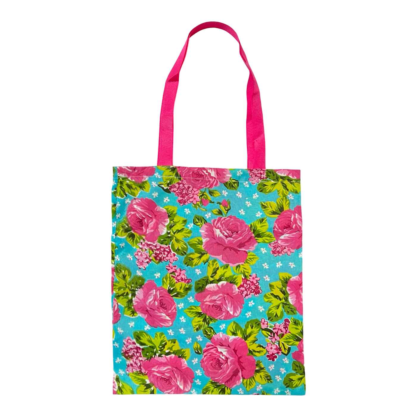 Teal tote bag that features pink roses