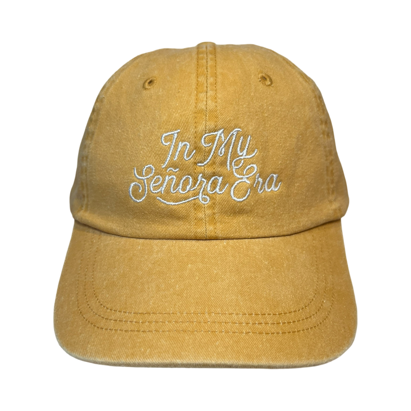 Front view of a yellow hat with the phrase In My Señora era in white lettering