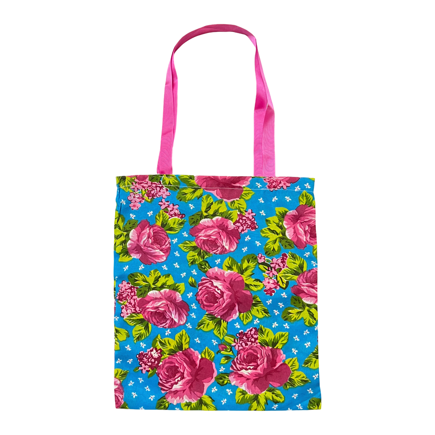 Blue tote bag that features pink roses