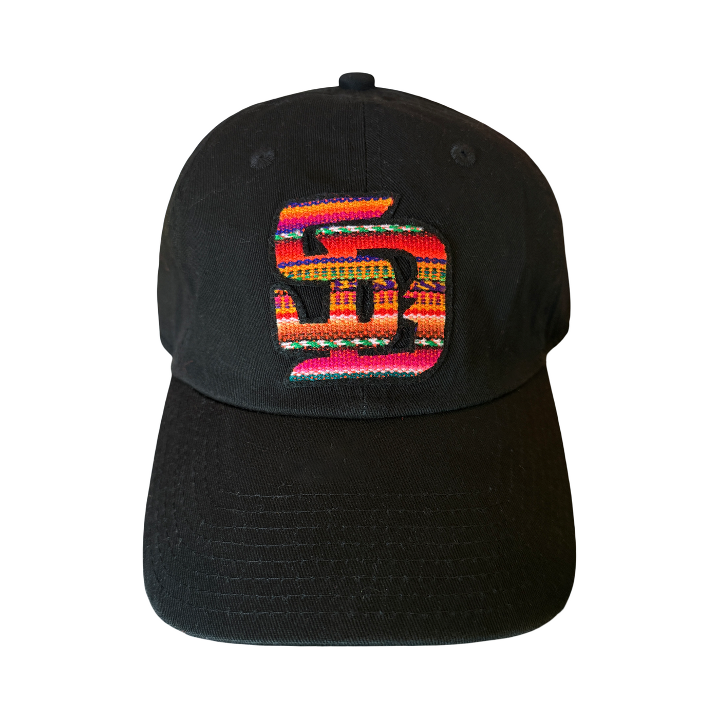 Black hat with an SD patch in a serape design.