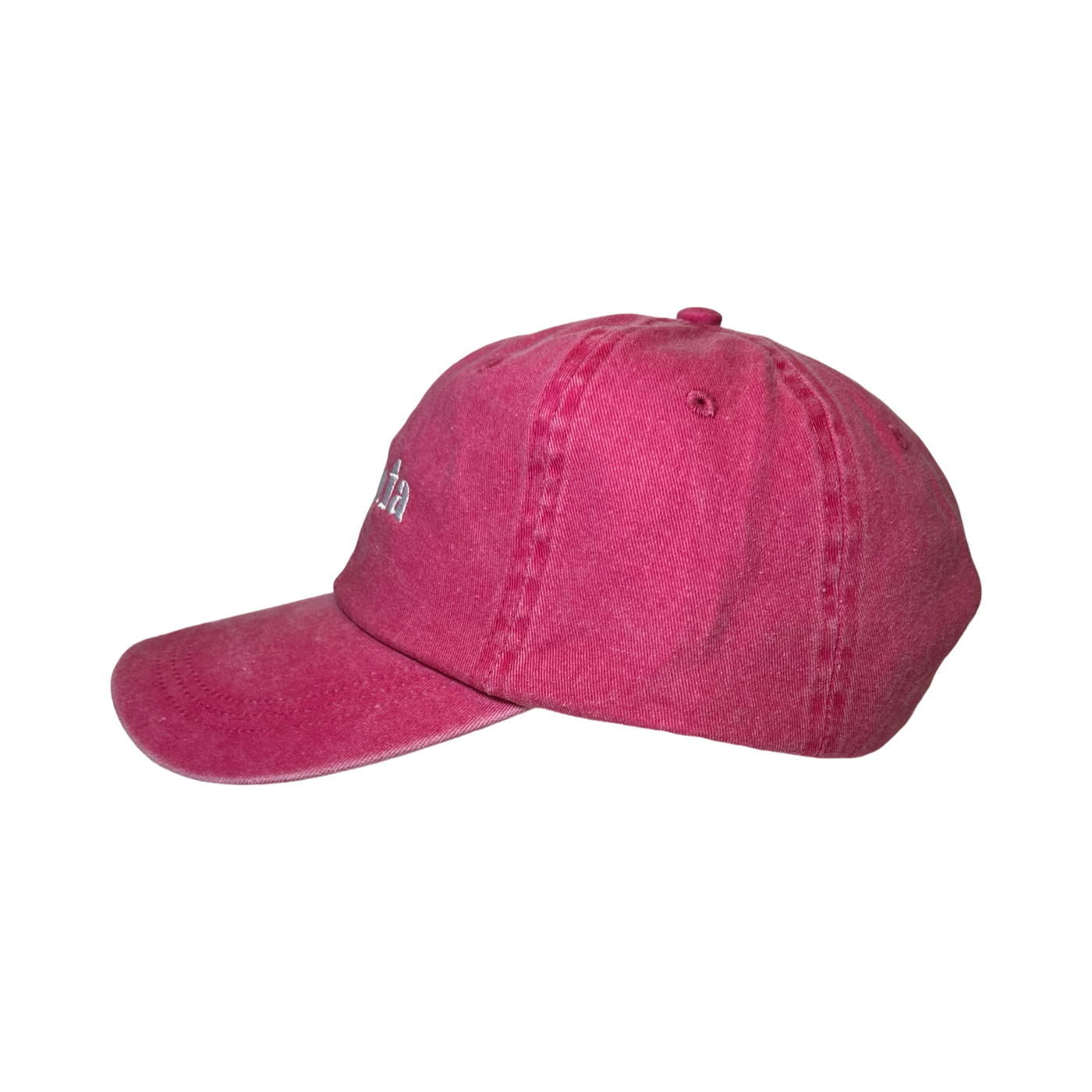 side view of a heathered red hat with the phrase La Jefa in White lettering