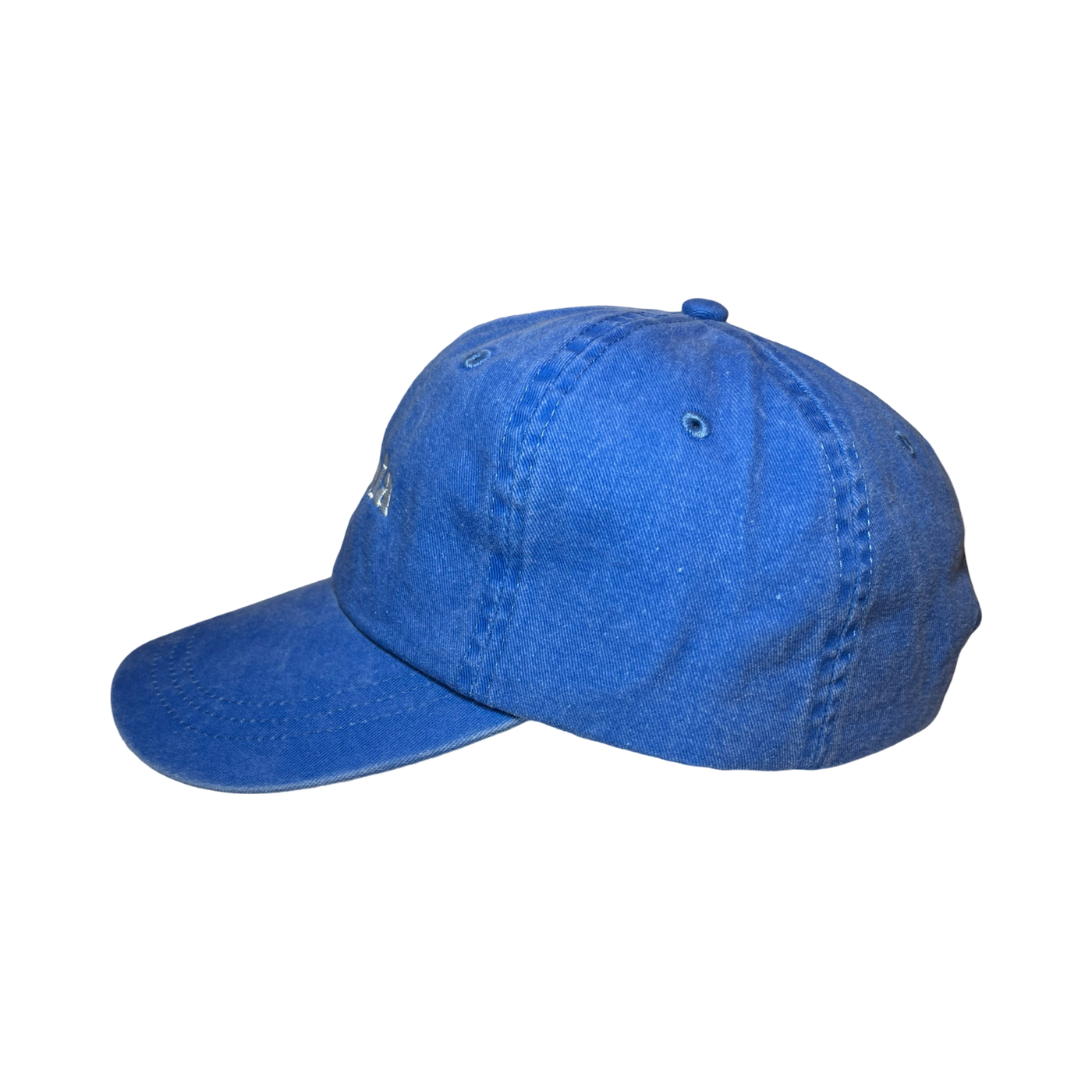 side view of a heathered blue hat with the phrase La Jefa in White lettering