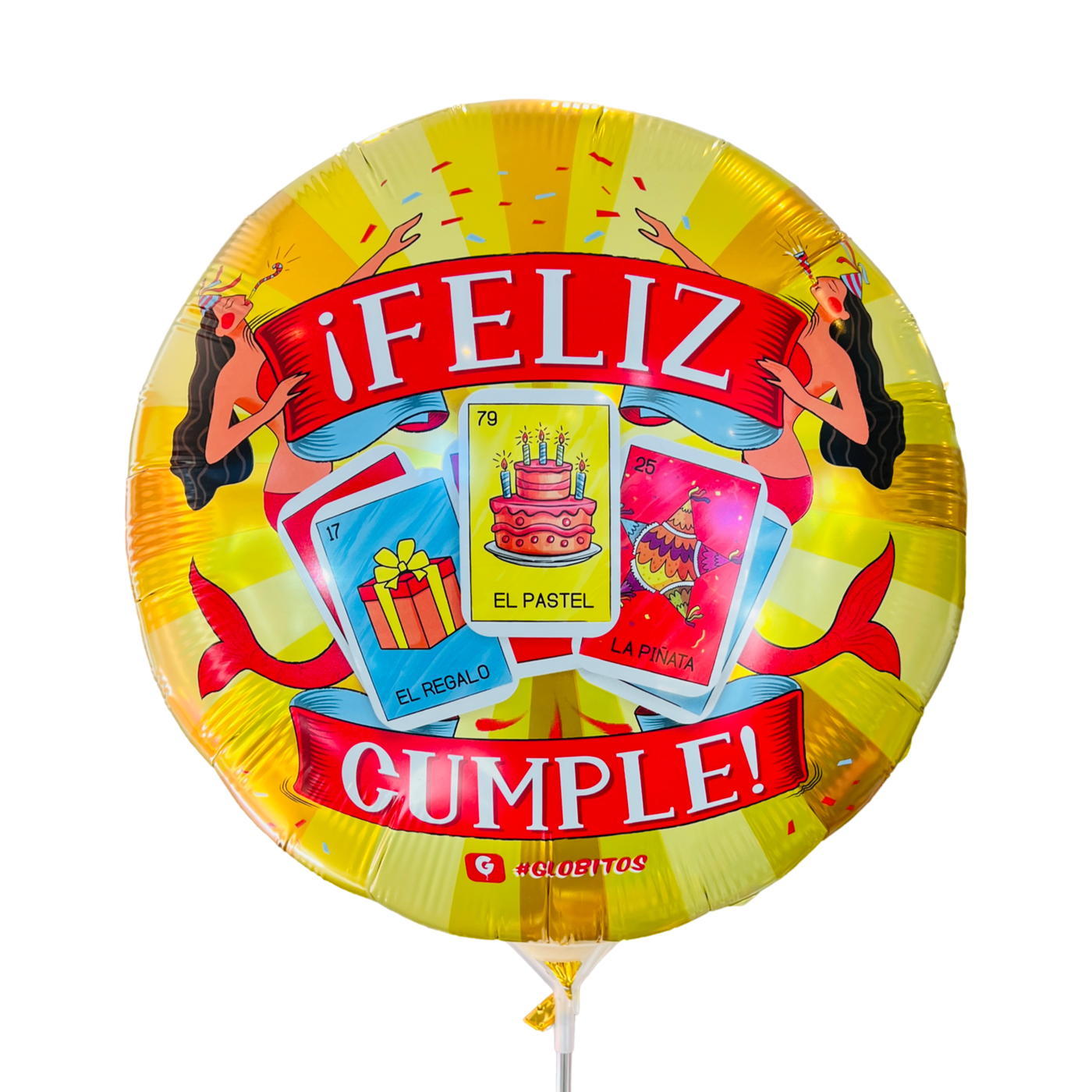 Round foil balloon with the phrase Feliz Cumple and images og two mermaids and 3 loteria sytled cards that have a pinata, cake and gift.