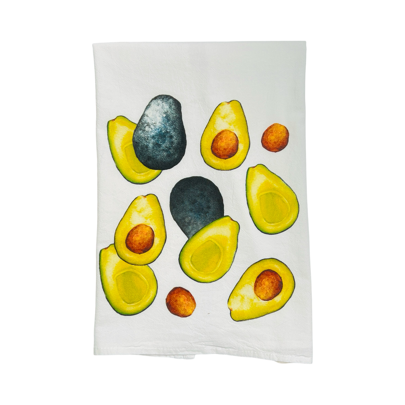 natural flour sack towel folded in quarters featuring images of whole and cut in half avocados