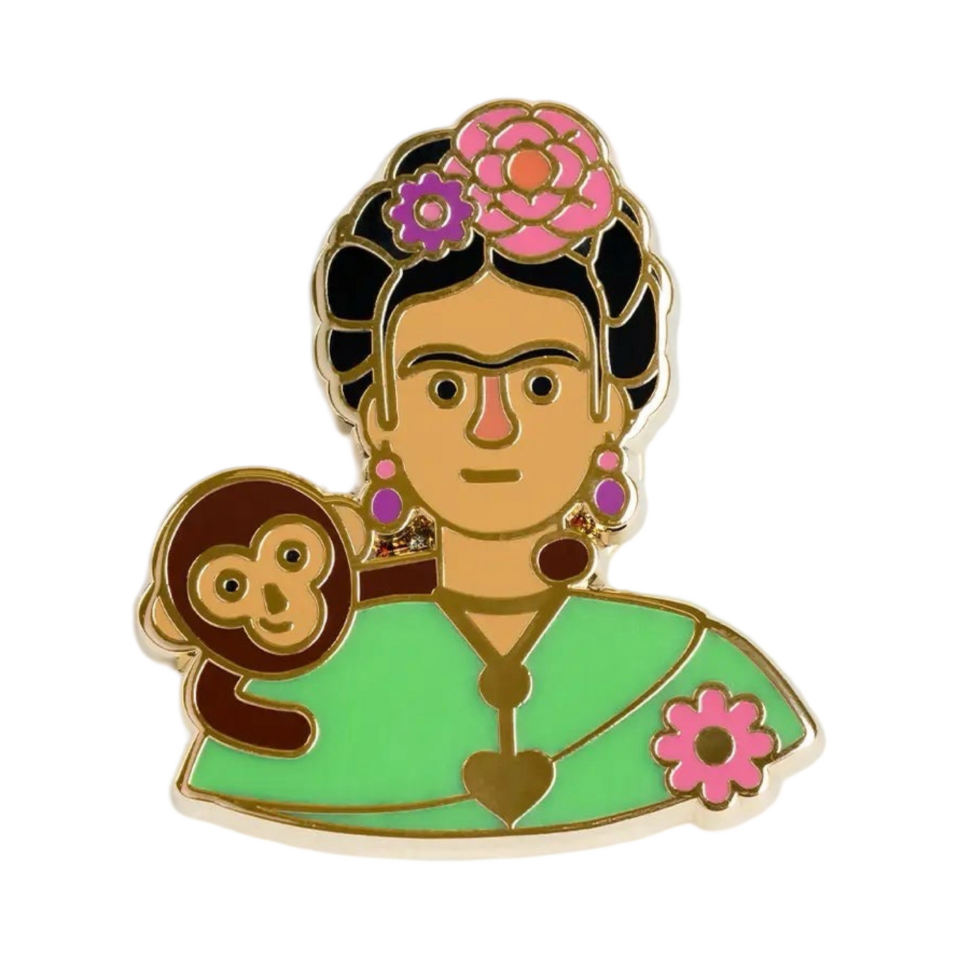 Enamel pin of Frida Kahlo in a green shawl with a money on her shoulder