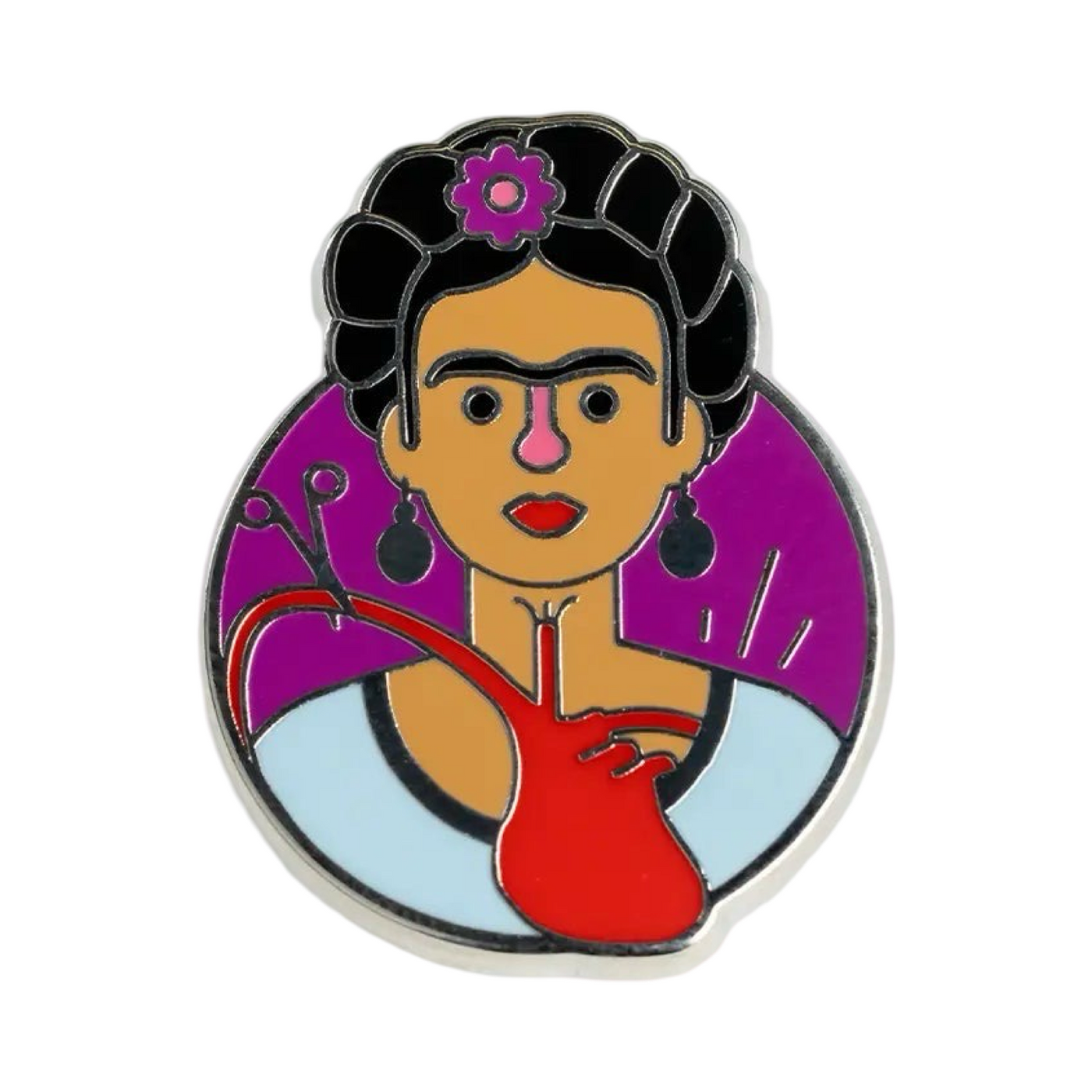 Round purple pin with an illustration of Frida Kahlo and a red heart