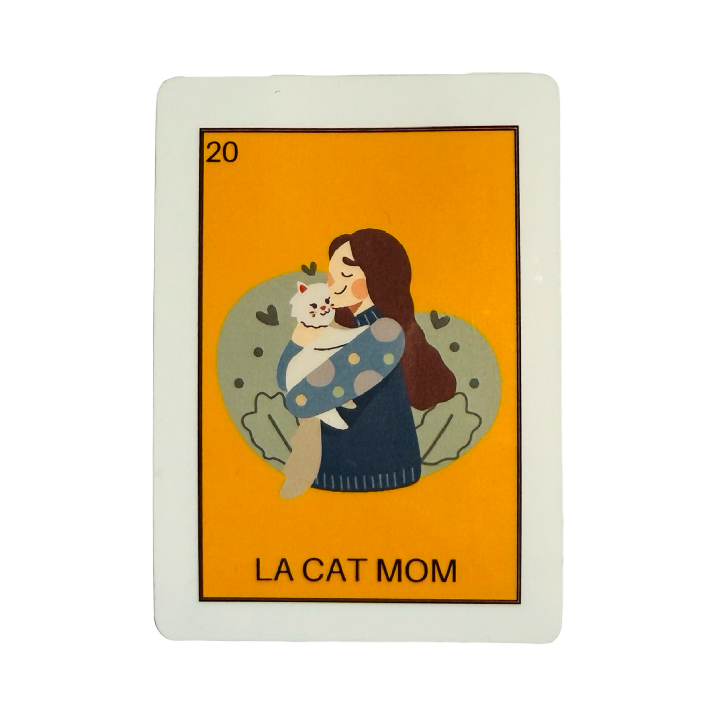 Sticker designed like a Lotería card featuring a woman hugging a white cat, with the text “La Cat Mom” at the bottom.