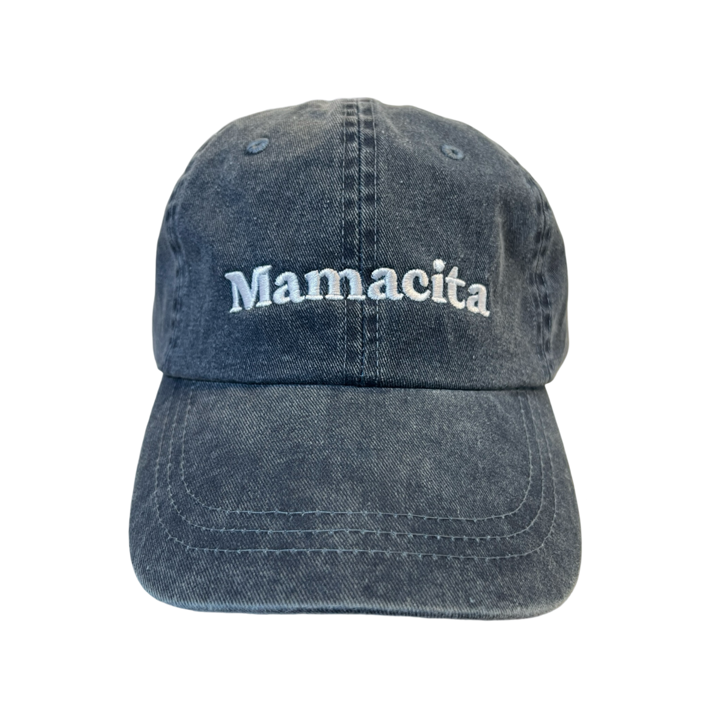 front view of a heathered blue hat with phrase Mamacita in white lettering