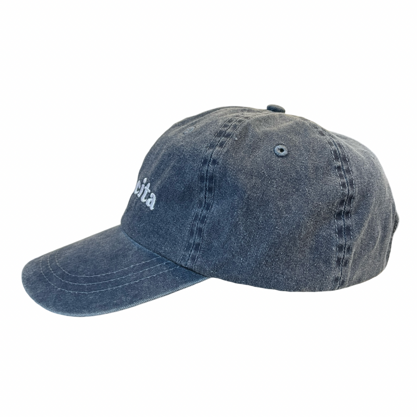 side  view of a heathered blue hat with phrase Mamacita in white lettering