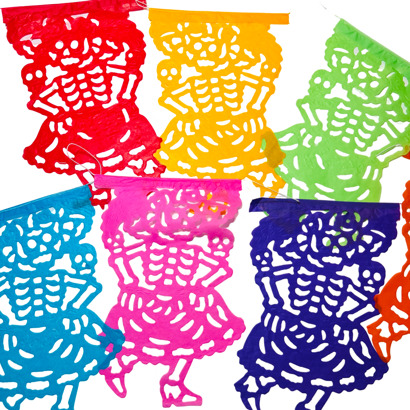 multicolor papel picado with a design that features a skeleton with a skirt and big hat dancing