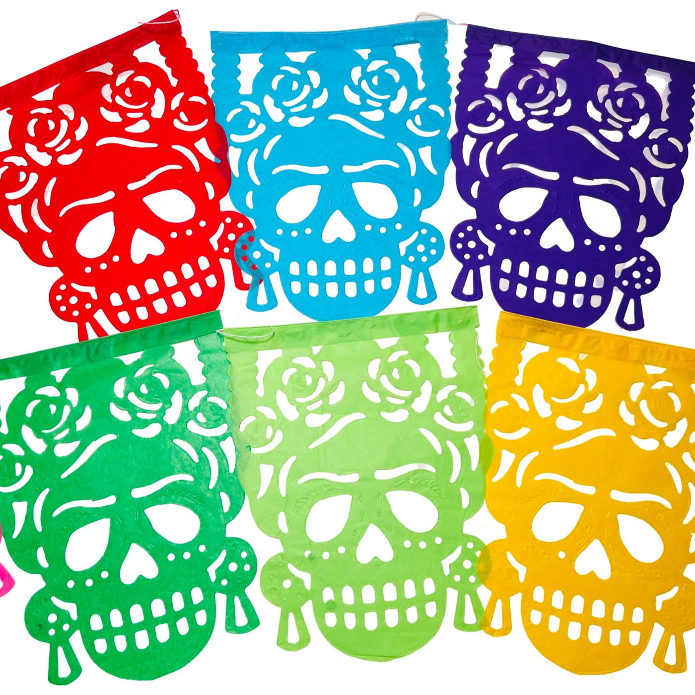 multicolor papel picado with a design that features a skeleton Frida Kahlo