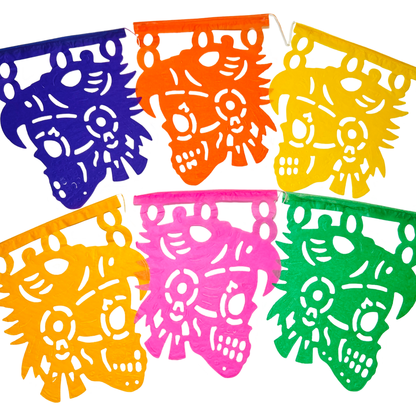 multicolor papel picado with a design that features a warrior with an eagle skull on its head and earrings.