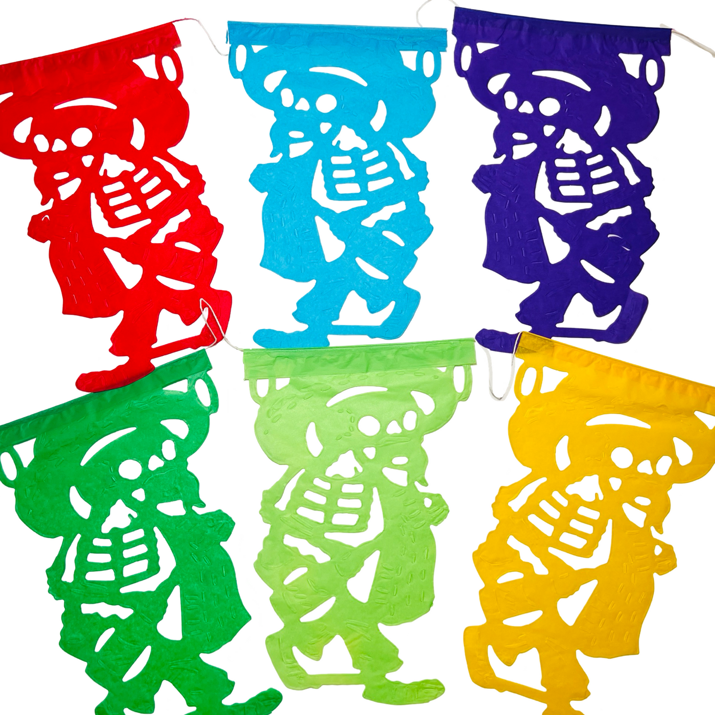 multicolor papel picado with a design that features a skeleton wearing a hat and holding a bottle