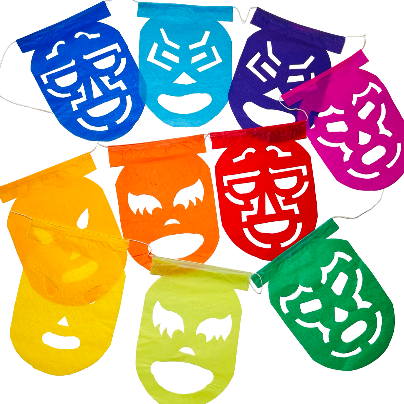 multicolor papel picado with a design that features various styles of luchador masks