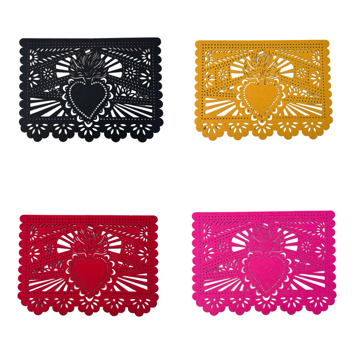 4 multicolored felt papel picado inspired placemat that features a sacred heart design