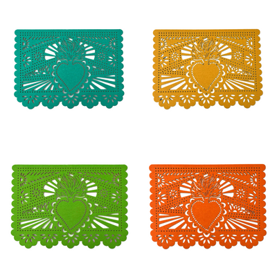 4 multicolored felt papel picado inspired placemat that features a sacred heart design