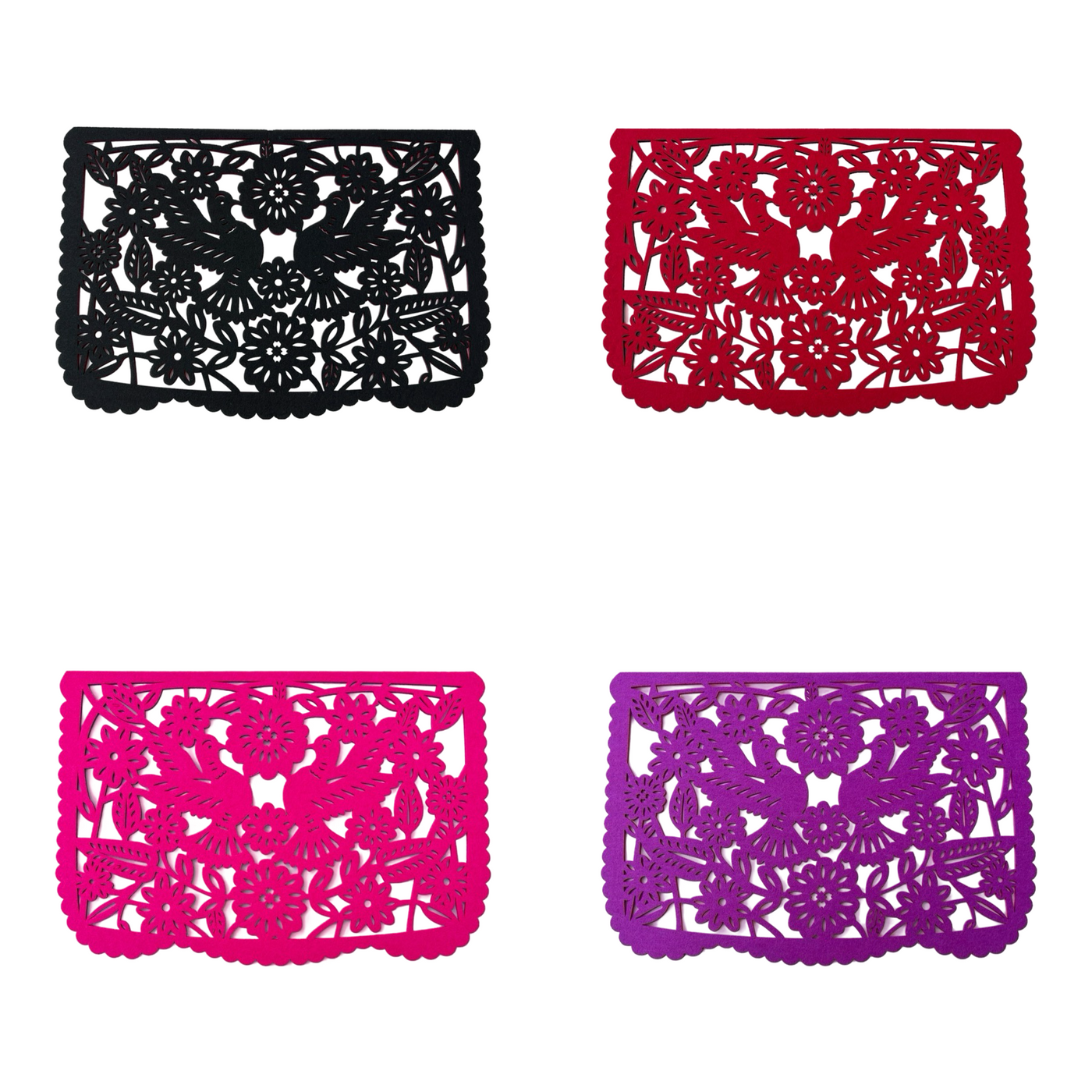 4 multicolored felt papel picado inspired placemats that features two doves and floral design