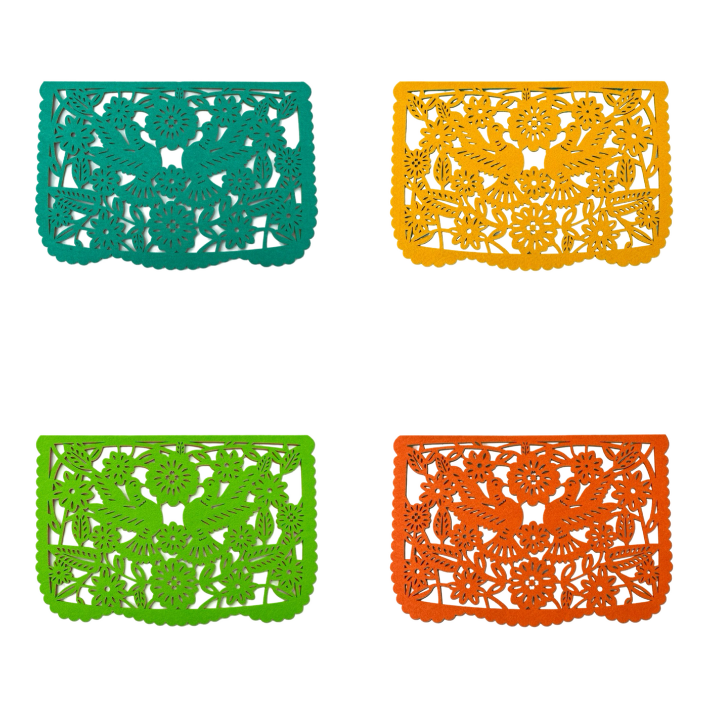 4 multicolored felt papel picado inspired placemats that features two doves and floral design