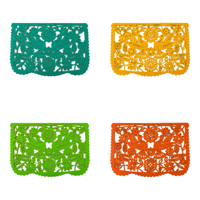 4 multicolored felt papel picado inspired placemats that features two doves and floral design