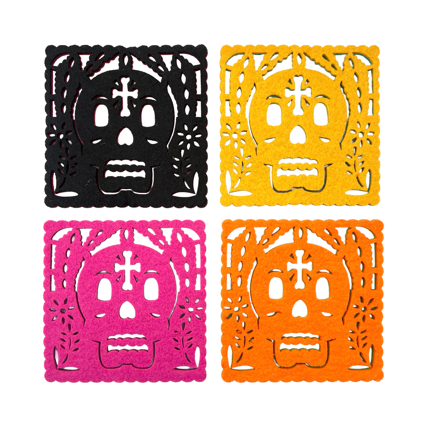 set of 4 multicolored felt papel picado inspired coasters that feature a sugar skull design