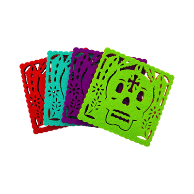 set of 4 multicolored felt papel picado inspired coasters that feature a sugar skull design